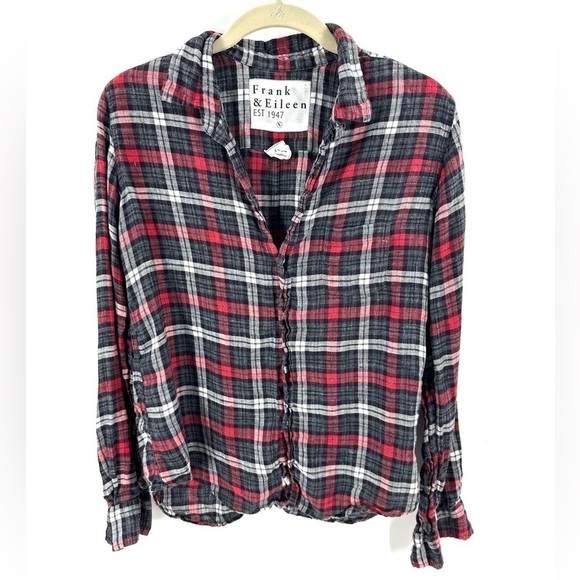 Frank & Eileen Barry Shirt Womens Sz Small 100% Linen Plaid Print Button Up Top - Picture 10 of 10